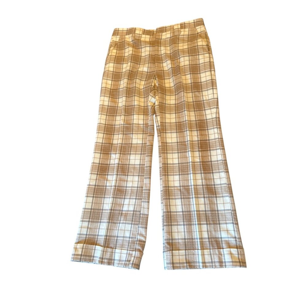 Vintage Haggar Tan & White Plaid Flat Front Belt Loops Polyester Blend 34x30